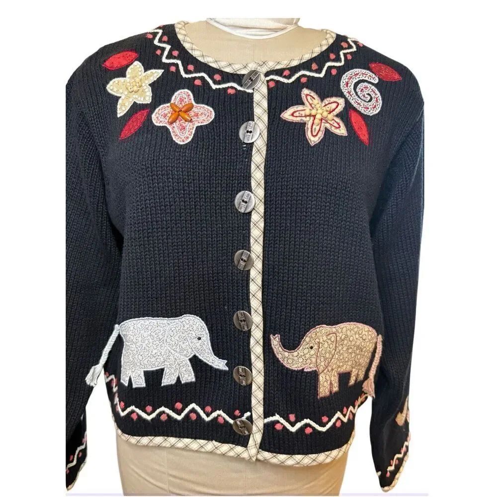 Orvis Cardigan Sz. L Appliqué Flowers & Elephants Vintage Chunky Ramie - Picture 2 of 12